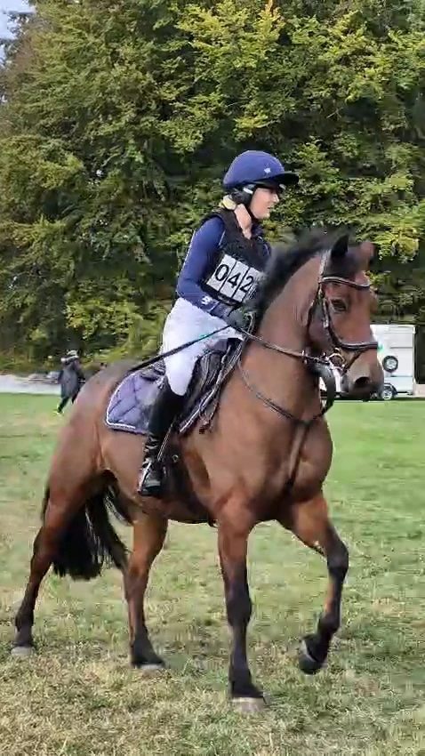 Ella riding a bay horse at an eventing competition